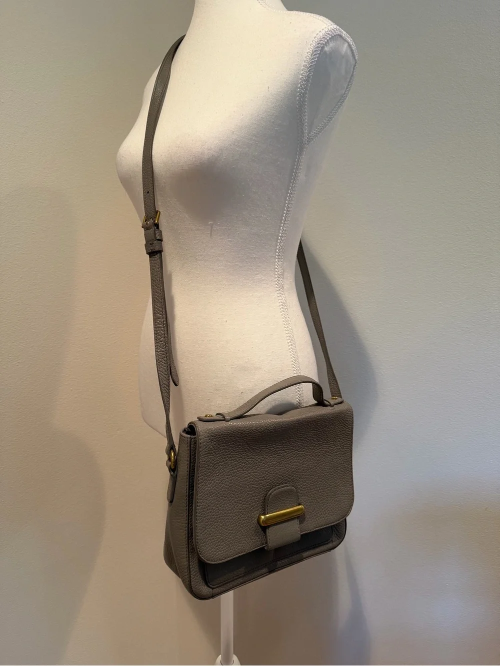 Fossil Gray Leather Crossbody Satchel with Gold-Tone Accent